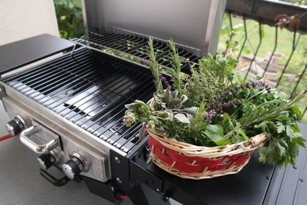 Griller auf Tisch m Kräutern