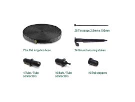 Setinhalt des porösen Bewässerungsschlauchs mit Erdspiess, Schlauchverbinder, Endstück und Kabelbinder