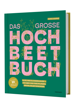 Seitenansicht vom Cover von dem großen Hochbeetbuch in grün mit rosa Schrift und gezeichnetem Gemüse. Autorin Doris Kampas