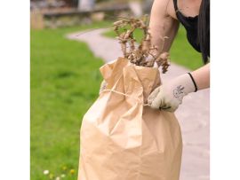 Zwei große Papiersäcke gefüllt mit Laub und Zweigen