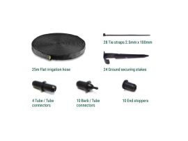 Setinhalt des porösen Bewässerungsschlauchs mit Erdspiess, Schlauchverbinder, Endstück und Kabelbinder